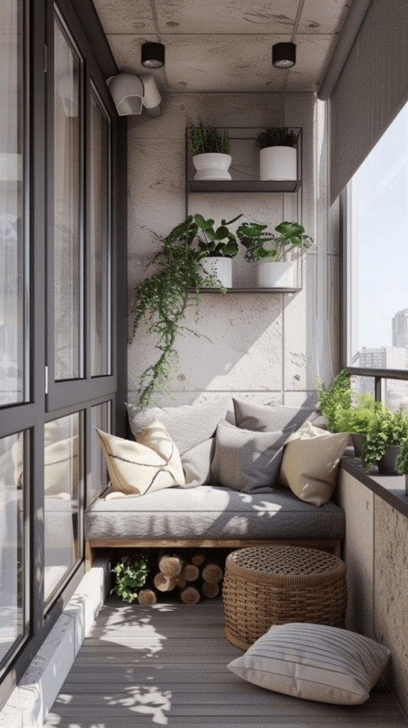 Small narrow balcony decor with a built-in bench, neutral cushions, wall shelves, potted plants, and cozy minimalist apartment styling.