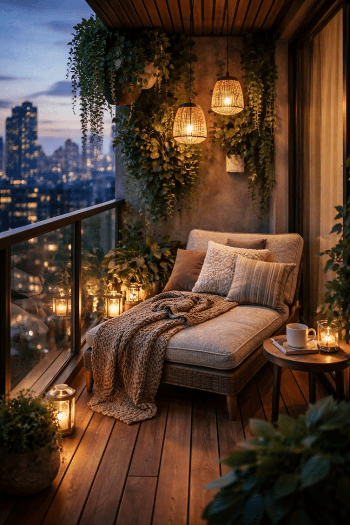 Cozy balcony decor at night with chaise lounge, woven pendant lights, lantern candles, lush greenery, and warm city-view patio styling.