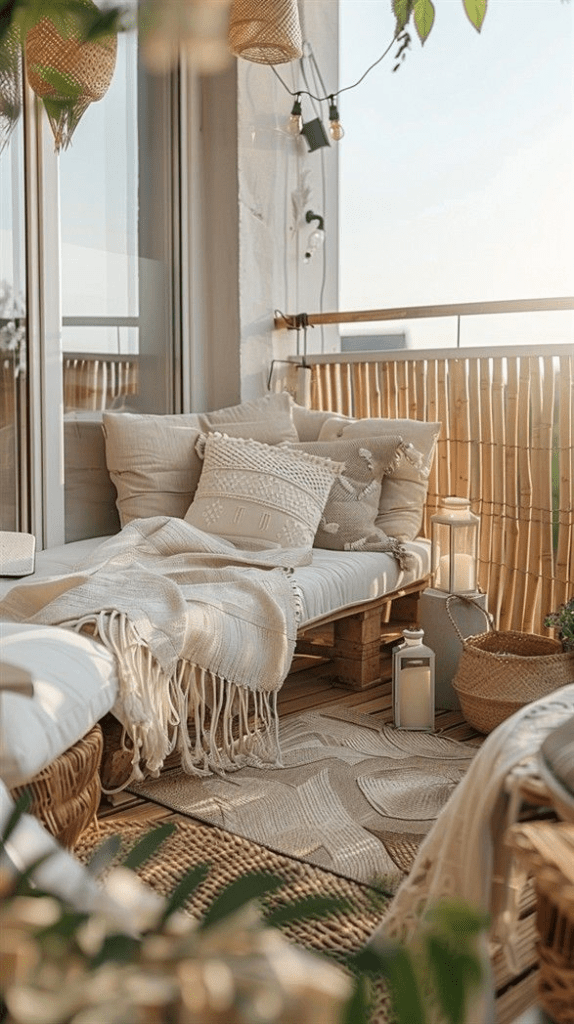Cozy boho balcony decor with pallet sofa, cream cushions, woven lanterns, bamboo screen, and neutral outdoor styling.
