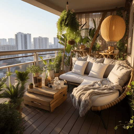 Cozy small balcony decor with cushioned outdoor sofa, hanging greenery, wooden crate table, warm lighting, and modern apartment patio styling.