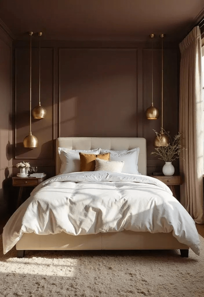 Brown paneled bedroom with cream upholstered bed, white bedding, brass pendant lights, wood nightstands, beige curtains