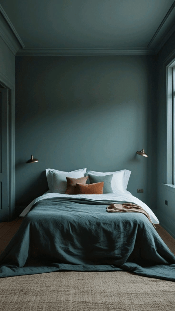 Moody teal bedroom with low bed, teal duvet, white pillows with rust accents, brass wall lights, tall window