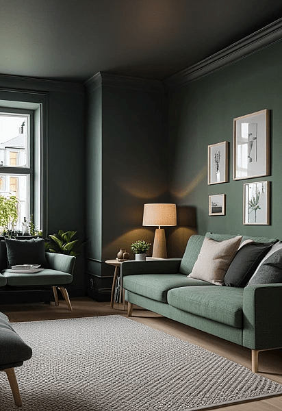 Dark green living room with green sofa, framed prints, table lamp, armchair by window, plants, and beige rug (