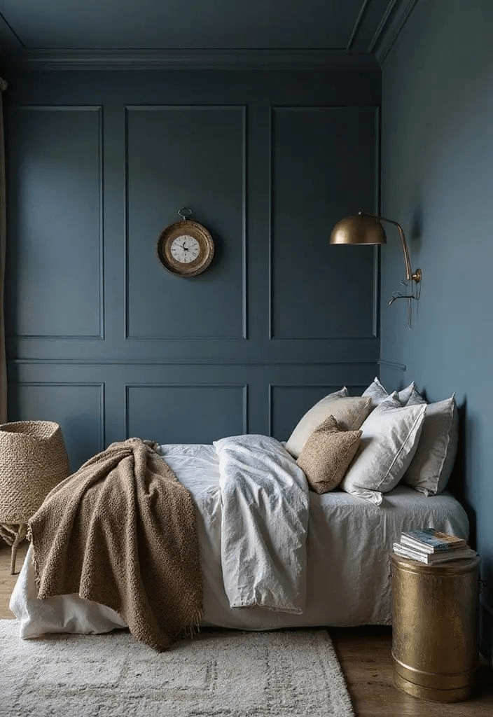 Dark teal paneled bedroom with white bedding, beige throw and pillows, brass wall lamp, round clock, brass side table