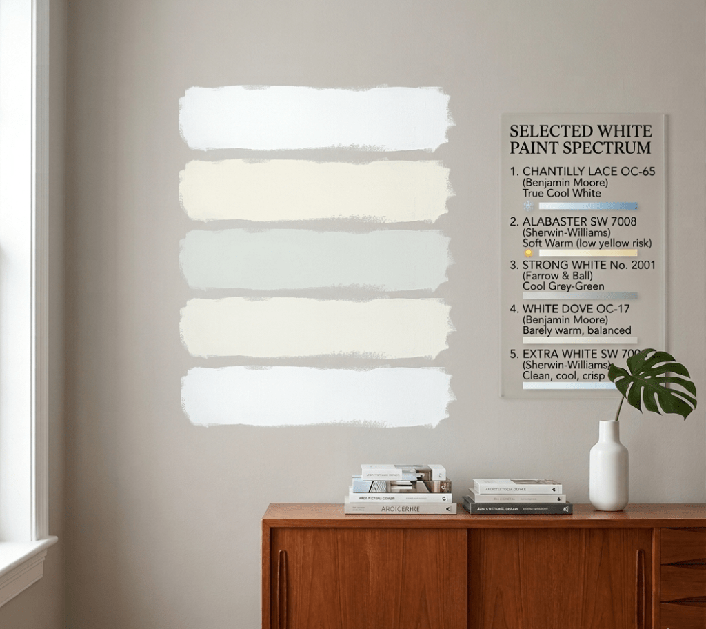 White paint swatches on a warm greige wall beside a mid-century wood console, comparing popular white paint colors for home interiors.