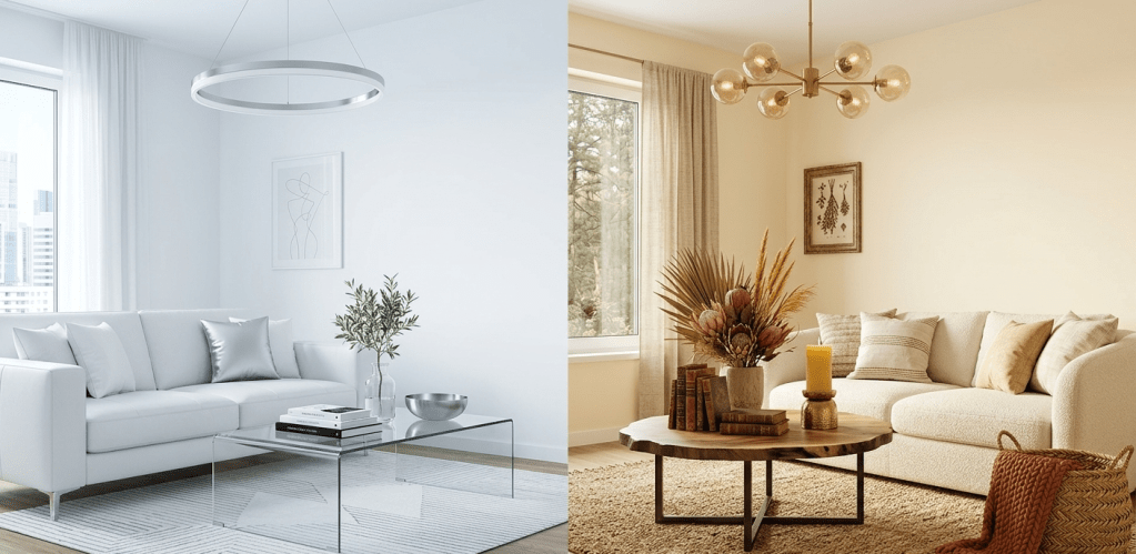 White vs cream living room comparison with modern sofas, neutral decor, glass coffee table, warm lighting, and soft beige accents.