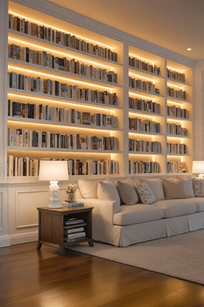 Cozy living room with floor-to-ceiling white bookshelves lit by warm recessed lighting, a cream sofa, and a wooden side table with a lamp.