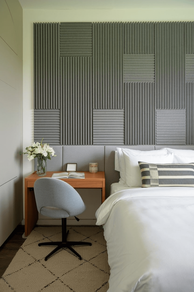 Modern bedroom corner with a white bed, gray accent pillow, compact wooden desk, and a wall of large ribbed acoustic panels in layered gray tones.