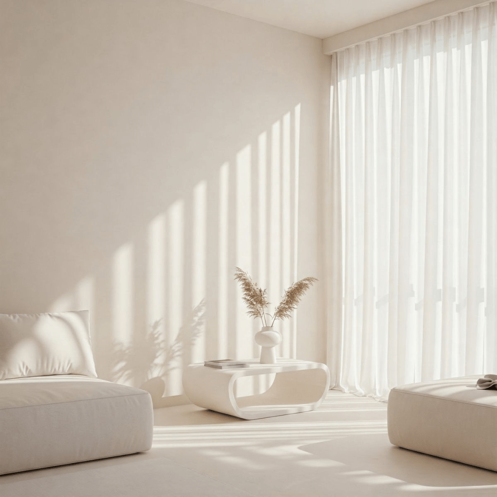 Minimalist white living room with sheer curtains, soft neutral walls, low lounge seating, and sculptural modern table decor.