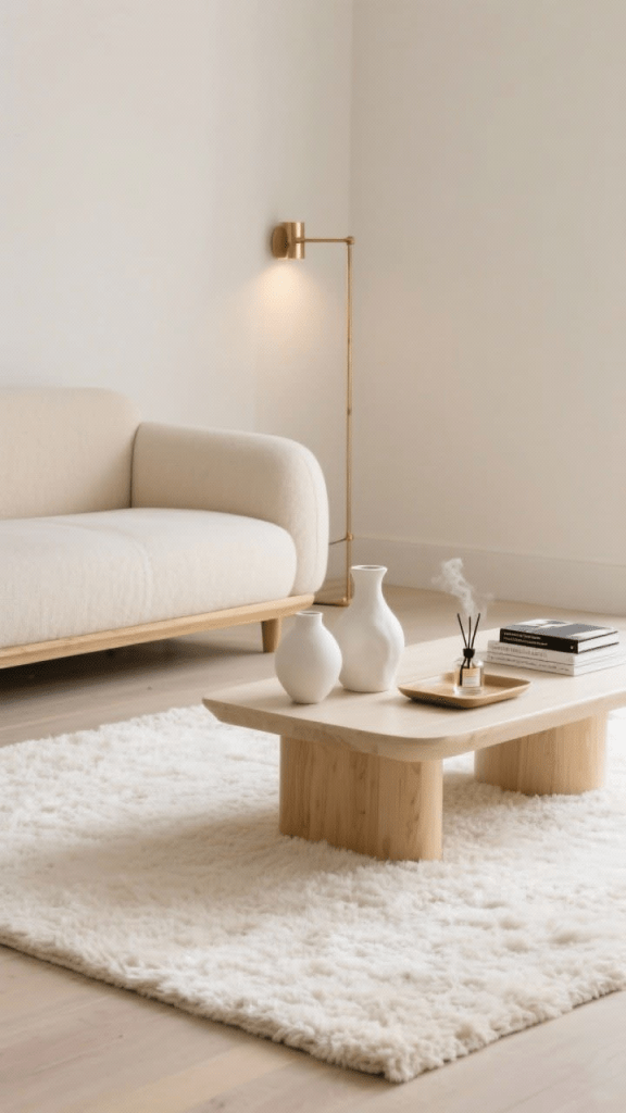 Cream minimalist living room with curved sofa, light wood coffee table, white rug, brass floor lamp, and neutral decor.