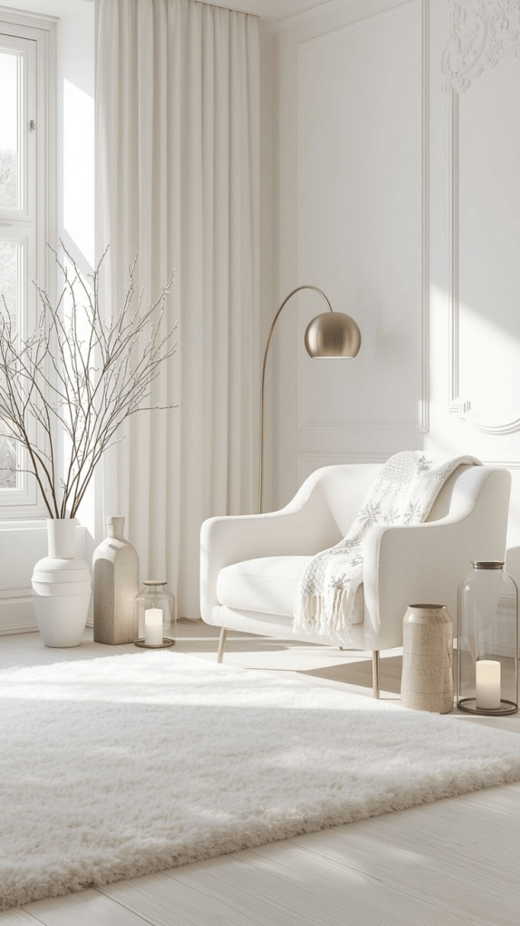 Elegant white living room corner with upholstered armchair, cream curtains, gold floor lamp, decorative vases, and plush rug.