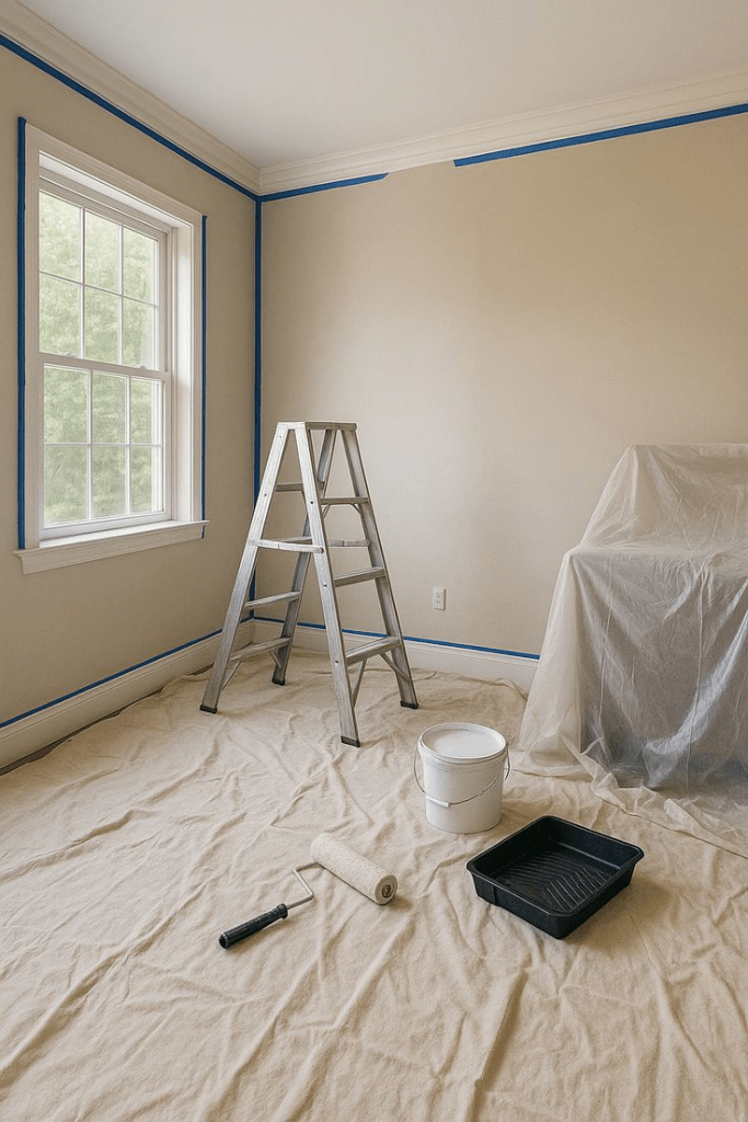 Room painting prep with beige walls, painter’s tape, drop cloths, ladder, roller, paint bucket, and tray for interior makeover.