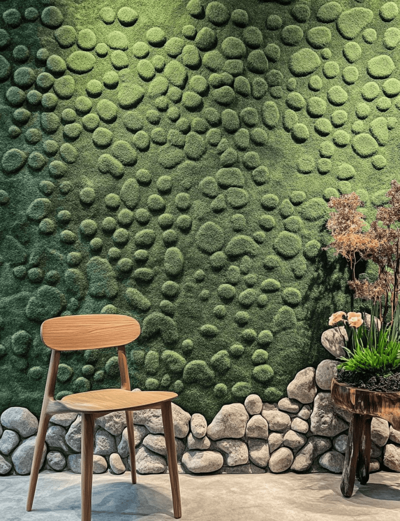 Wooden chair in front of a textured green moss wall with rounded, pebble-like forms, bordered by stones and a small plant arrangement.