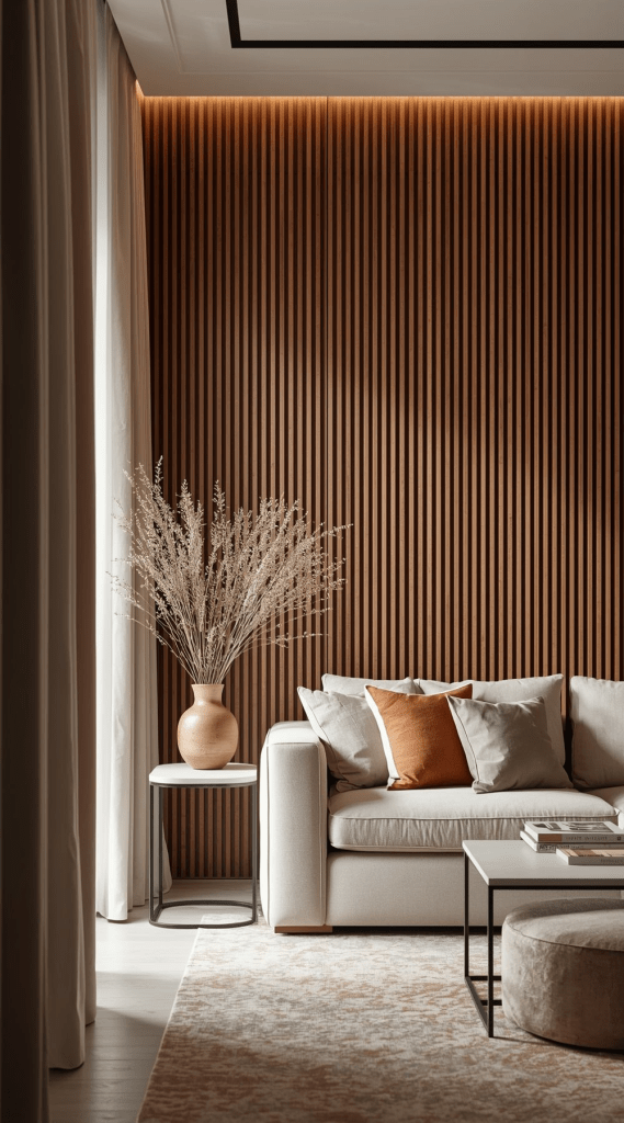 Bright modern living room corner with a cream sofa, rust and beige pillows, a small side table with a vase of dried stems, and a tall wood slat wall.