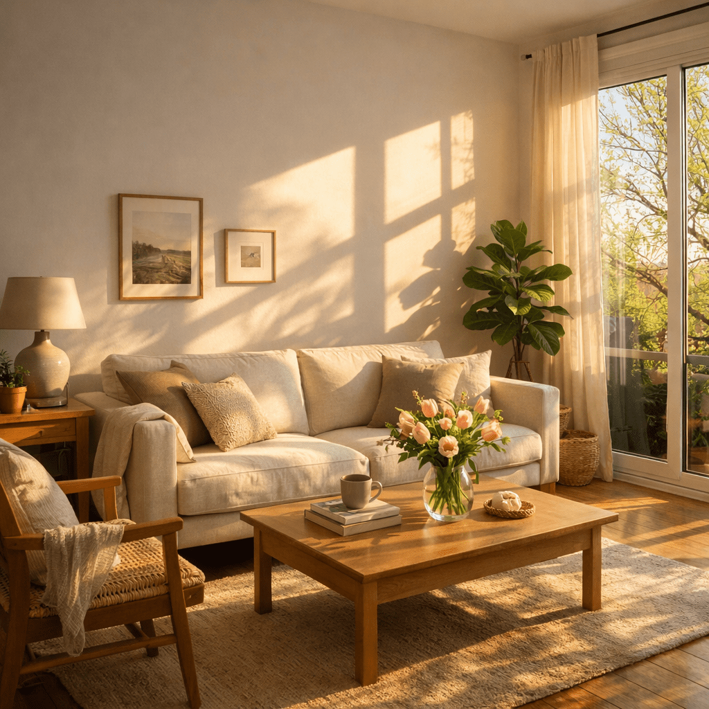 Living room with beige couch, wooden coffee table, armchair, vase of flowers, and sunlight through large window