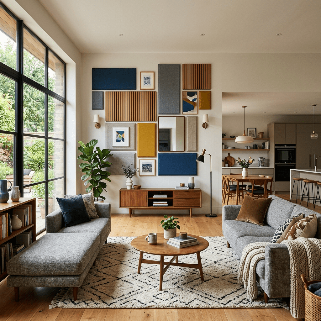 Living room with gray sofas, round wooden coffee table, patterned rug, and colorful wall art