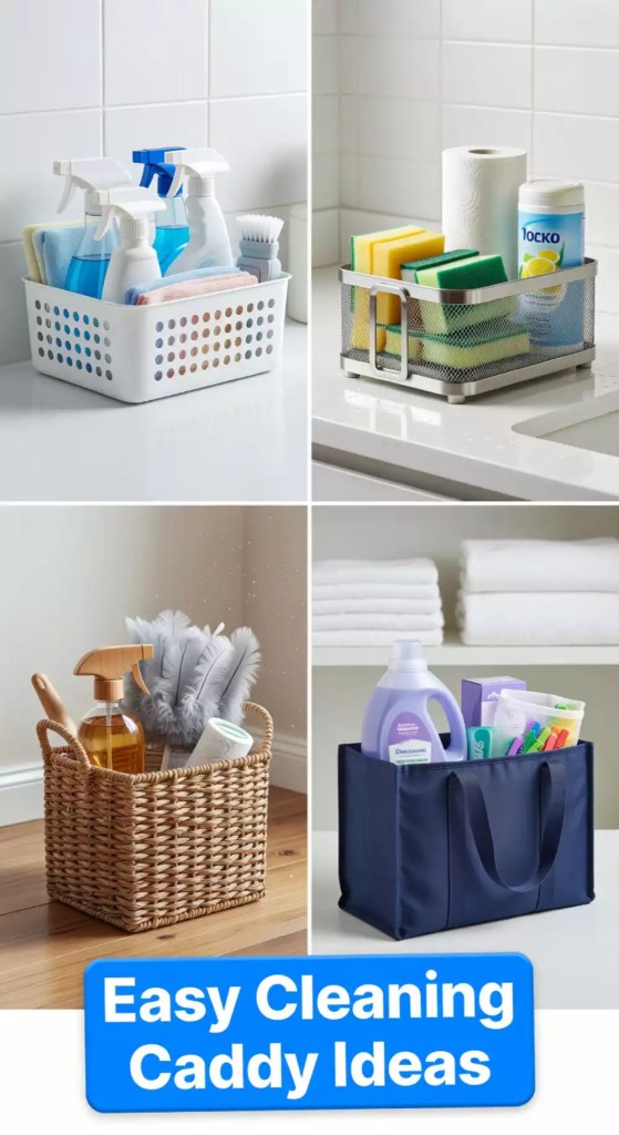 Four easy cleaning caddy ideas showing a plastic basket. metal countertop caddy. woven basket. and blue tote filled with sprays. sponges. brushes. towels. and cleaning supplies. Large text at the bottom says "Easy Cleaning Caddy Ideas".