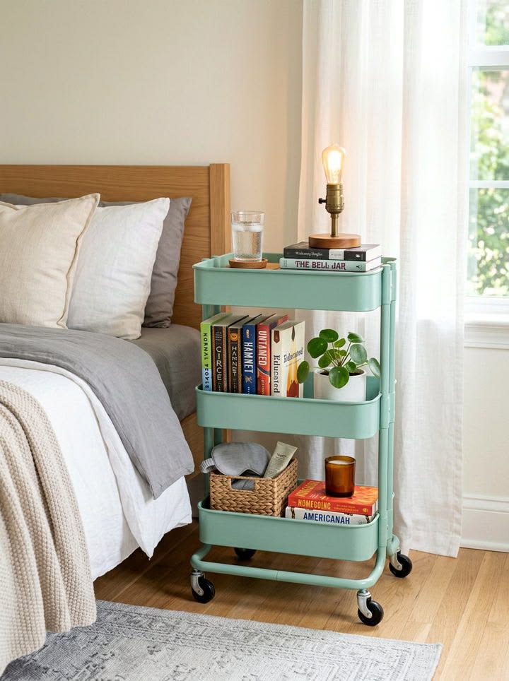 Mint green rolling cart used as an ADHD friendly bedside table beside a wood bed frame and sunny window. The cart keeps a lamp. glass of water. books. small plant. and woven basket visible and easy to reach.