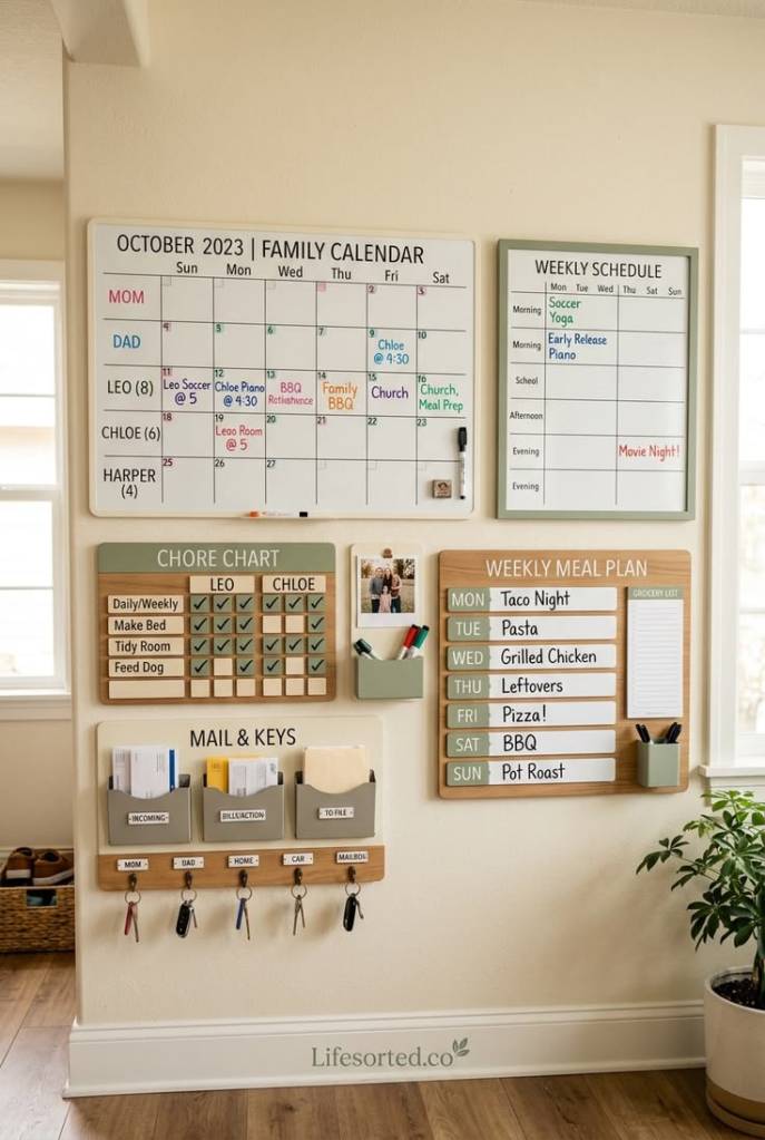 ADHD visual command center mounted on a wall with a family calendar. weekly schedule. chore chart. weekly meal plan. and mail and keys organizer to keep household routines visible and easy to follow.