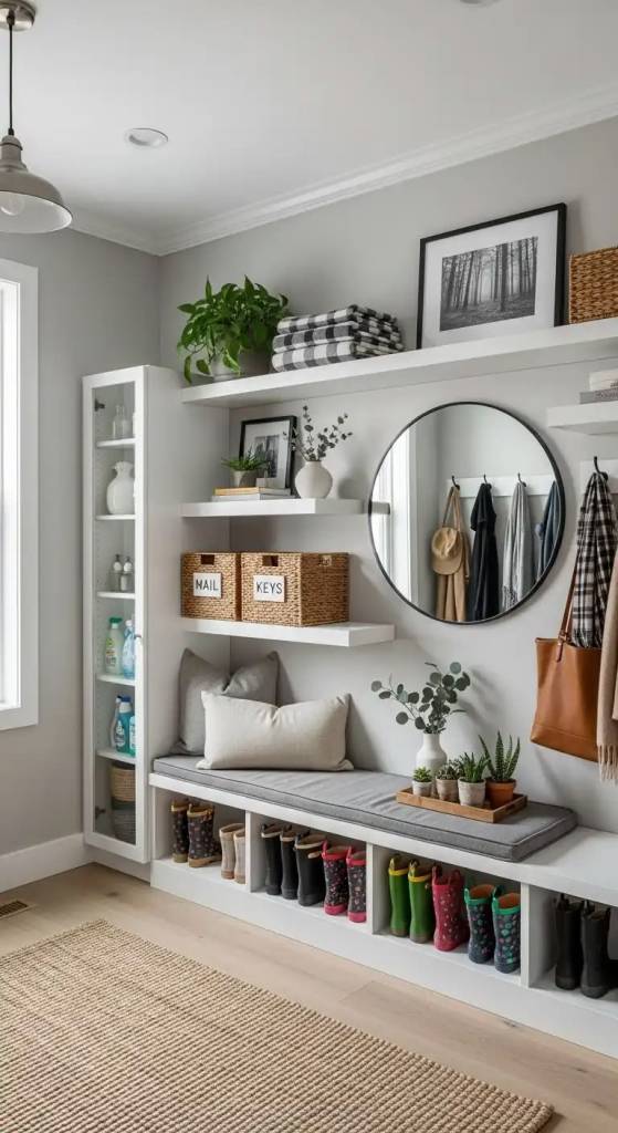 ADHD Organized entryway with a cushioned bench. labeled baskets for "MAIL" and "KEYS". wall hooks. a round mirror. and cubbies lined with rain boots. Open shelves with plants. folded blankets. and framed art keep everyday items visible and easy to grab.