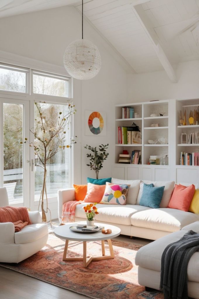 Bright living room with a white sectional sofa. colorful throw pillows. built in bookshelves. and tall windows overlooking trees outside. A round coffee table with flowers sits on a patterned rug beneath a white globe pendant light.
