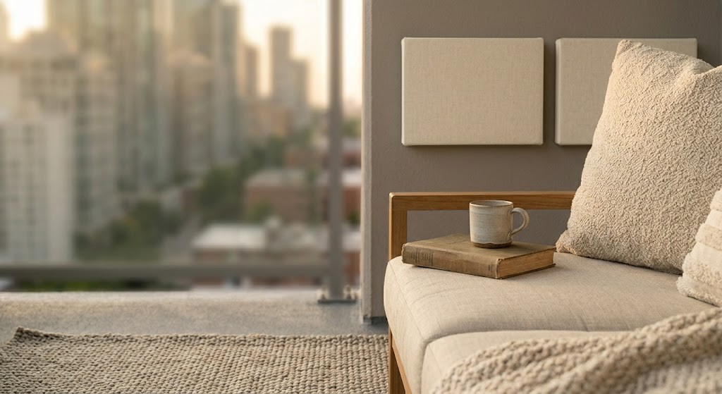 An intimate balcony seating area for noise reduction featuring cream-colored aesthetic acoustic wall panels, a teak loveseat, and soft textiles for sensory regulation.