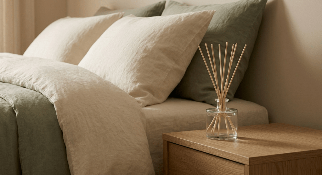 An ultra-realistic, high-definition photograph of a high-end bedroom nightstand, softly lit by warm ambient light. Soft, layered natural linen bedding in cream and sage green fills the background. On an oak nightstand sits a minimalist clear glass reed diffuser with light wood reeds. The room permeats a calming, restorative ambiance.