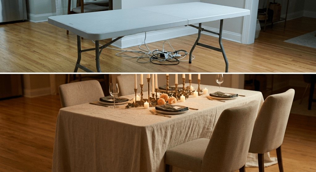Before and after dining room setup showing a plain folding table with visible cords above. and the same table transformed with a linen tablecloth. place settings. candles. flowers. and upholstered chairs below.