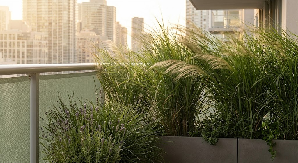 Close-up of ornamental grasses and lavender in large planters serving as a biophilic wind buffer on a high-rise balcony with a city view.