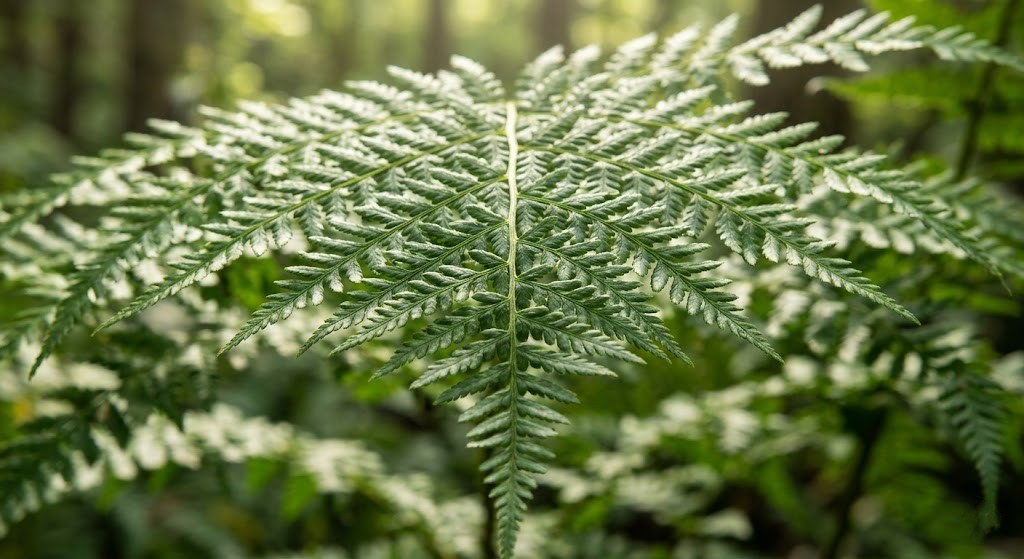 Close-up photograph of a natural green fern frond illustrating complex, repeating biophilic fractal patterns in nature.