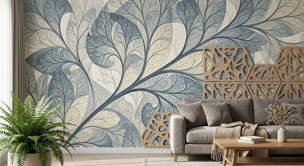 Modern living room interior featuring botanical wallpaper and aesthetic acoustic wall panels, both utilizing biophilic fractal patterns for a calm, stress-reducing home decor.