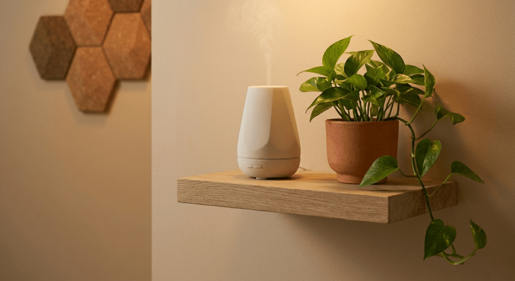 n eye-level close-up of a rustic floating oak shelf featuring a matte white ceramic essential oil diffuser emitting subtle vapor and a vibrant Pothos plant in a terracotta pot. Visual continuity is maintained with a glimpse of the cork tiles in the warm beige background.
