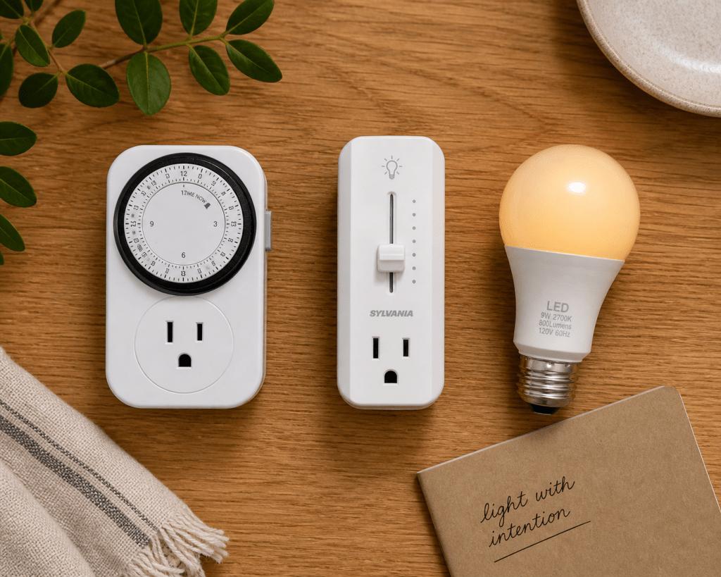 An aesthetic flat lay of budget circadian lighting tools including a mechanical outlet timer, a plug-in slider dimmer, and a warm-toned LED bulb on an oak table.