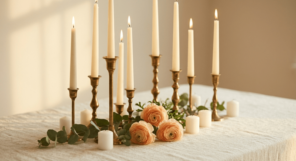 A close-up view focusing on multiple mismatched vintage brass candlesticks with lit ivory tapers, simple peach ranunculus, and eucalyptus stems acting as the centerpiece anchor.
