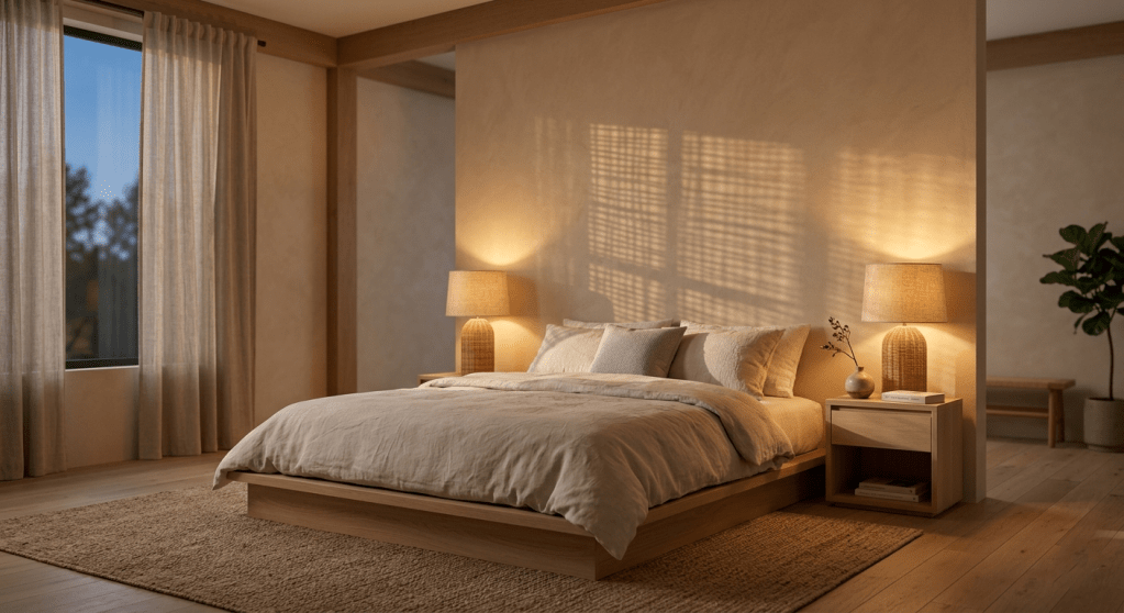A serene Japandi-style bedroom at dusk, illuminated by warm 2200K amber bedside lamps with woven rattan shades, creating a sunset-like atmosphere.