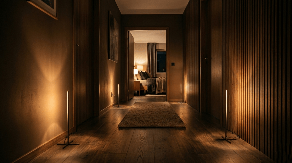 A modern hallway with wood-paneled walls illuminated by floor-level warm amber light bars, leading into a bedroom with soft, low-blue lighting to maintain a consistent circadian environment throughout the home.