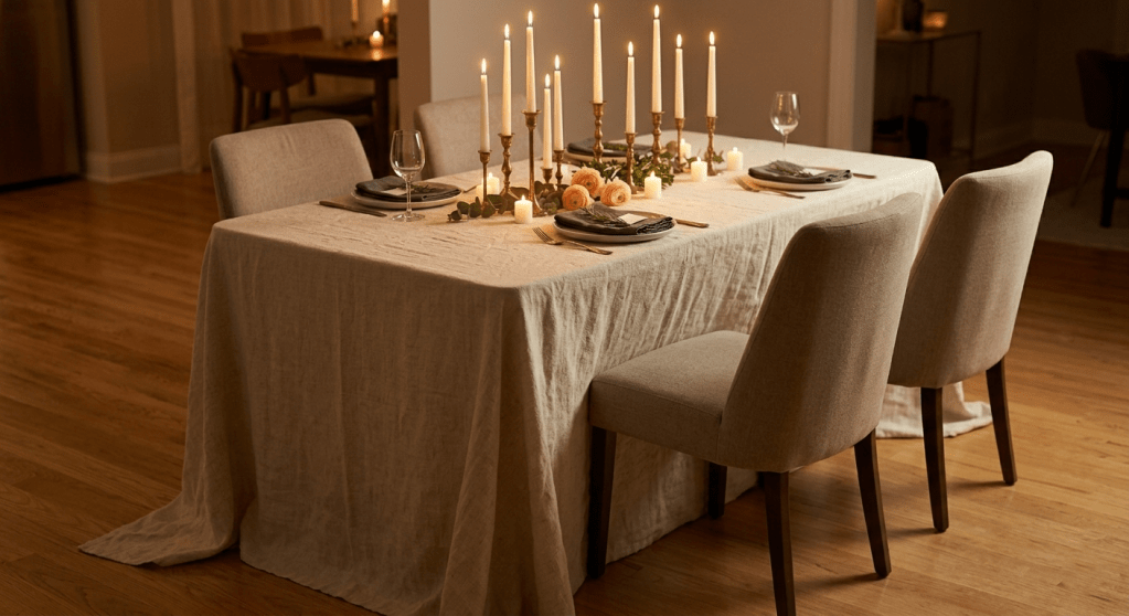 A wide-angle, atmospheric photograph capturing the complete transformation; the 6-foot folding table is entirely invisible, bathed in warm candlelight, styled with multiple place settings and the central floral arrangement for an elegant dinner party.