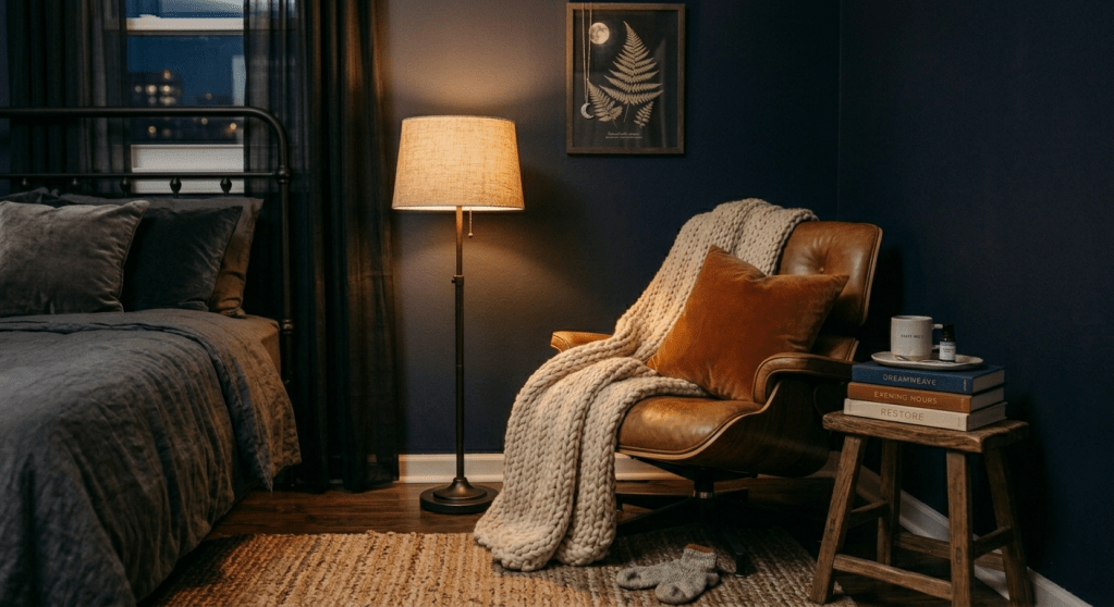 A cozy bedroom reading nook featuring a leather lounge chair, a chunky knit throw, and a warm-toned floor lamp casting a soft amber glow against navy blue walls, perfect for a melatonin-friendly evening routine.