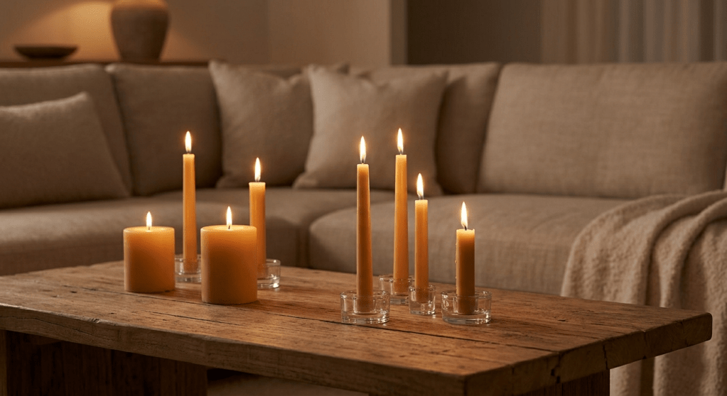 A warm, realistic high-definition photograph of a cozy living room during evening 'transitional decompression,' maintaining the high-end minimalist architectural style but with a distinct, warmer evening lighting. Several natural beeswax candles in simple, minimalist clear glass holders are lit and arranged on a reclaimed wood coffee table, casting a soft, flickering glow. The oatmeal linen sofa is seen softly blurred in the background.