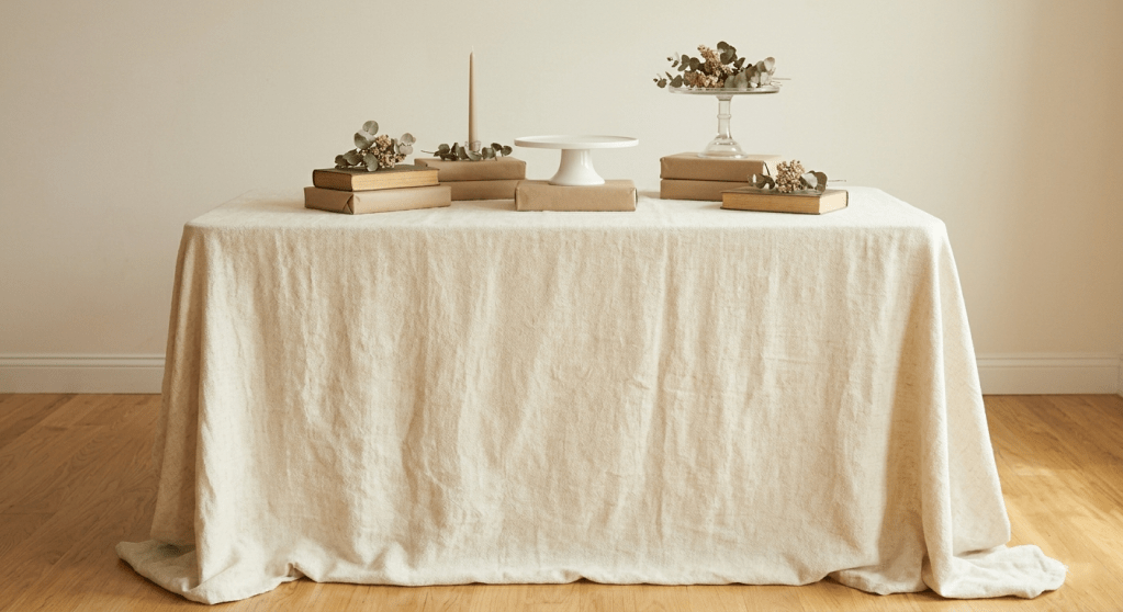 A mid-shot photograph from standing height showing stacked vintage books and a simple white cake stand creating varying heights on a folding table covered by a floor-length ivory linen cloth.