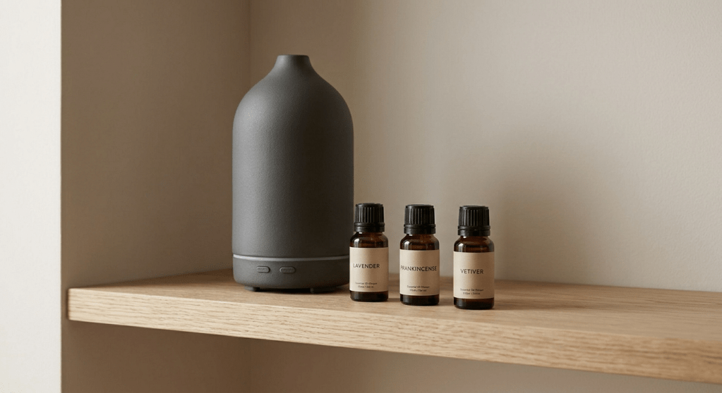 A realistic, high-definition close-up shot focused on a raw oak shelf, maintaining the soft natural afternoon lighting. A modern, minimalist dark grey ceramic ultrasonic diffuser sits next to three small amber glass essential oil bottles. The bottles have understated beige labels reading 'LAVENDER', 'FRANKINCENSE', and 'VETIVER'. Soft light emphasizes the varied textures of the ceramic, glass, and wood.