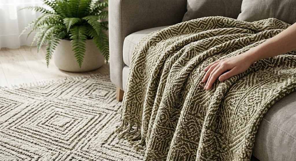 Close-up of a textured wool blanket and a nested-diamond rug, illustrating sensory design layering with nature patterns in an intentional home environment.