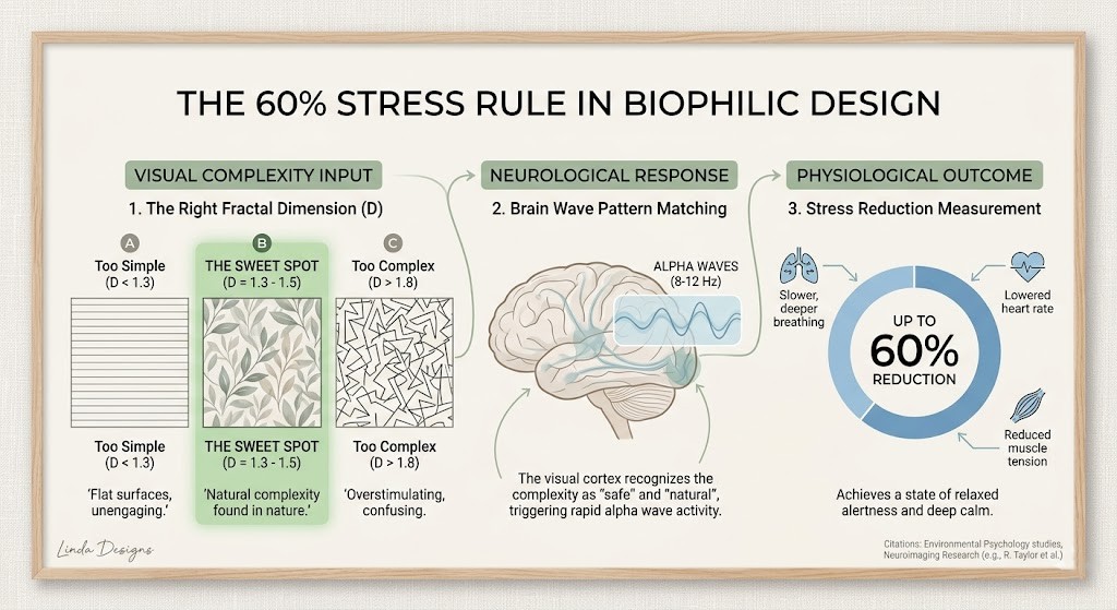 An infographic chart demonstrating that patterns with a moderate fractal dimension of $D=1.3$ to $1.5$ (like nature) result in a 60% stress reduction.