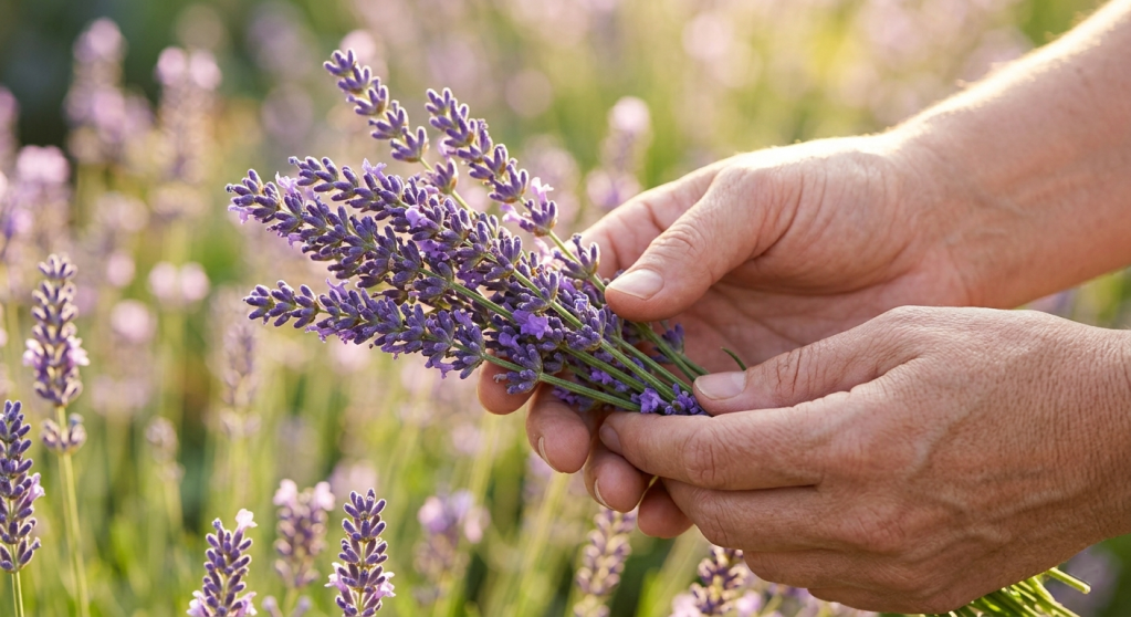 A high-definition, realistic botanical close-up photograph, maintaining the soft, natural lighting established in the hero image. Fresh, vibrant purple lavender sprigs are gently held in a person's hands. The hands show natural texture, and the background is a soft, sunlit blur of a blooming garden. The warm light highlights the individual buds, suggesting calm.