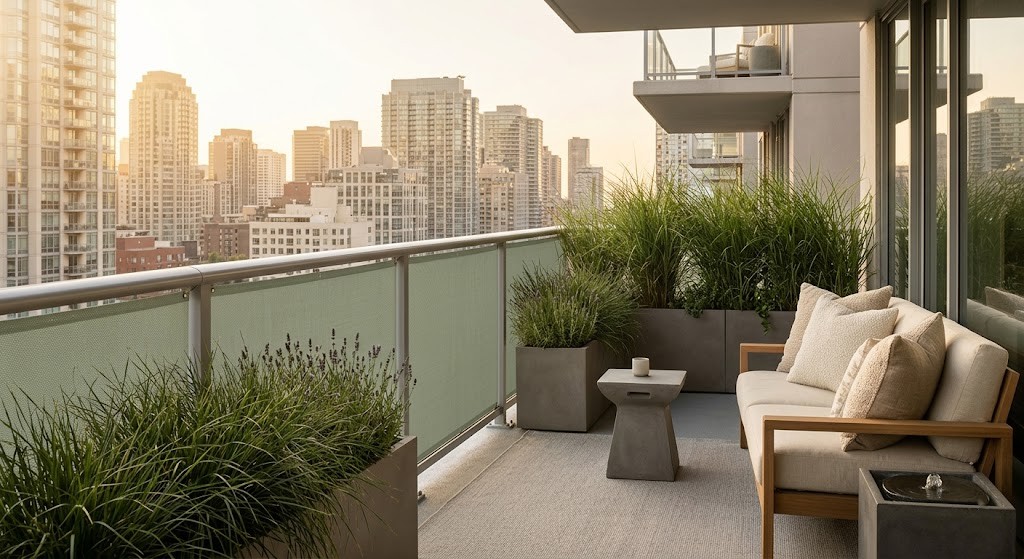 A wide view of a high-rise urban balcony at golden hour featuring a sage-green wind-resistant privacy screen, tall ornamental grasses in planters, and a cozy seating area designed for sensory regulation.