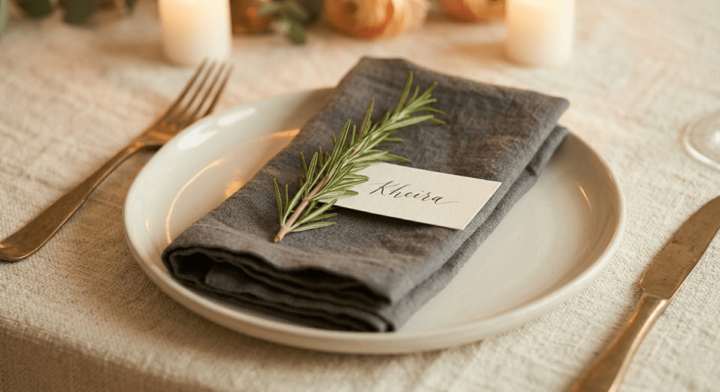 A detailed macro photograph of an individual place setting on textured linen, featuring a creamy ceramic plate, a charcoal grey natural linen napkin, a sprig of fresh rosemary, and a minimalist handwritten name card