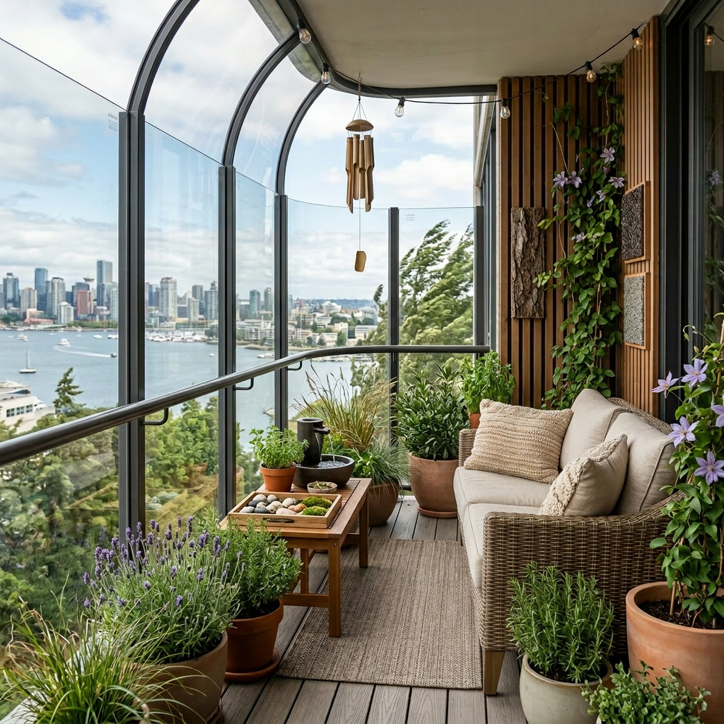 Balcony garden with potted plants, wicker sofa, wooden table, and glass city view