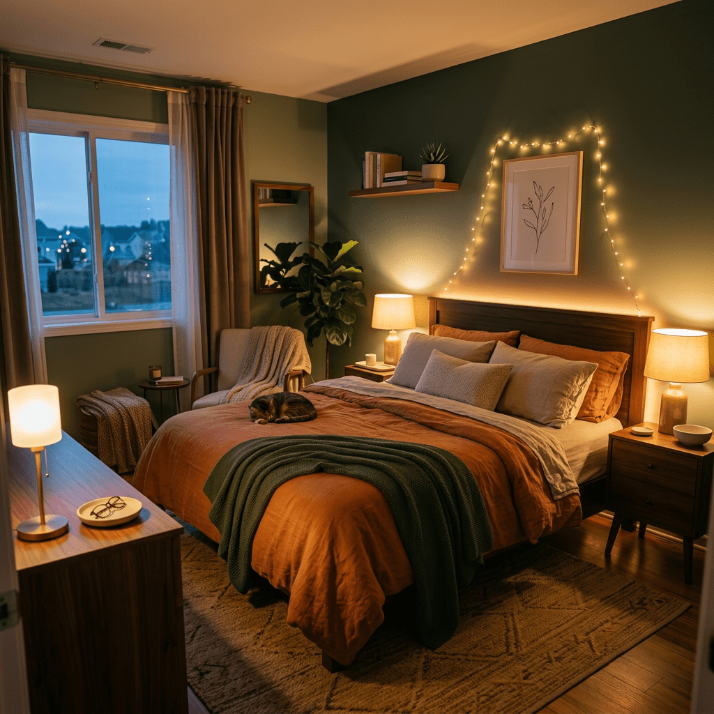 A warmly lit bedroom featuring a bed with multiple pillows and blankets, string lights above framed botanical prints