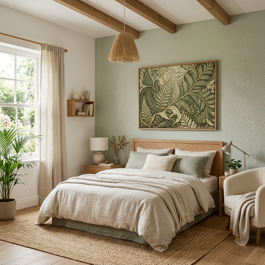 Cozy bedroom with wooden bed, earthy linens, large leafy artwork, and natural light