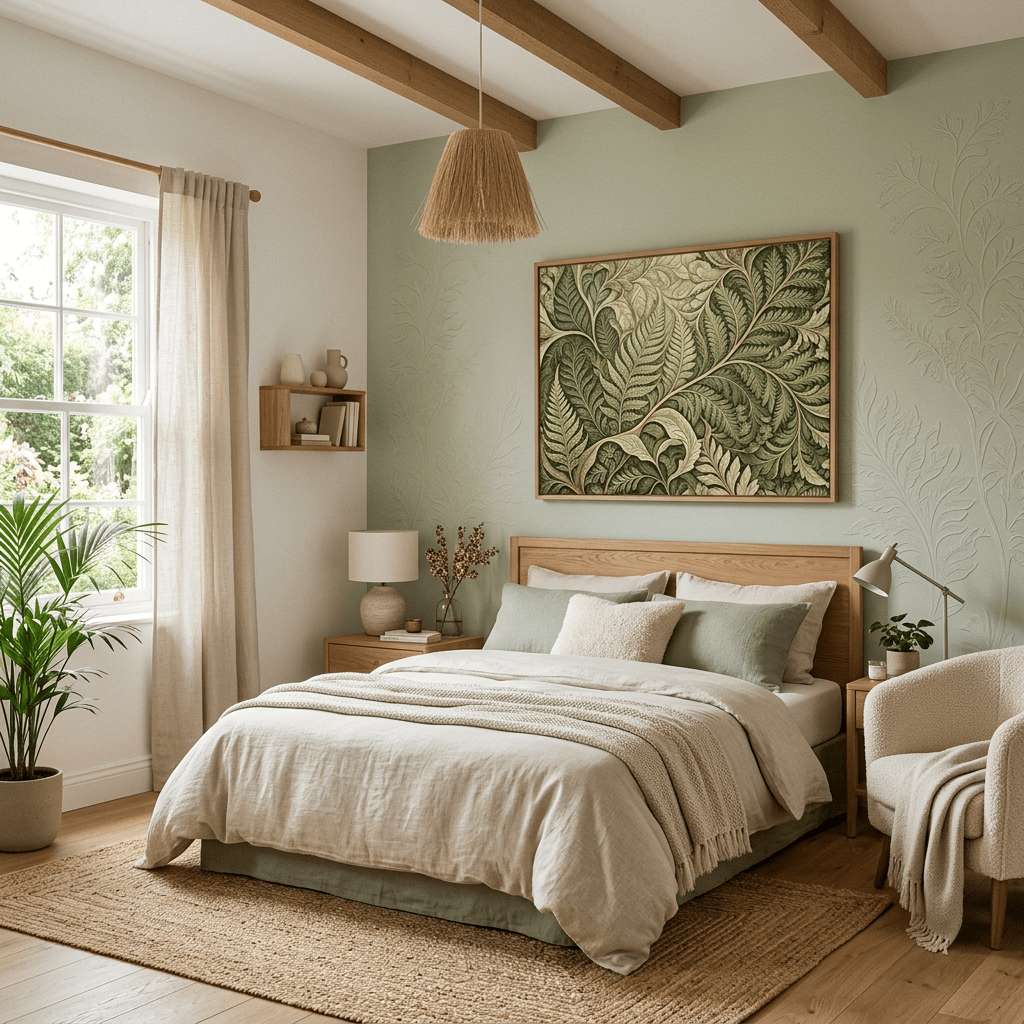 Cozy bedroom with wooden bed, earthy linens, large leafy artwork, and natural light